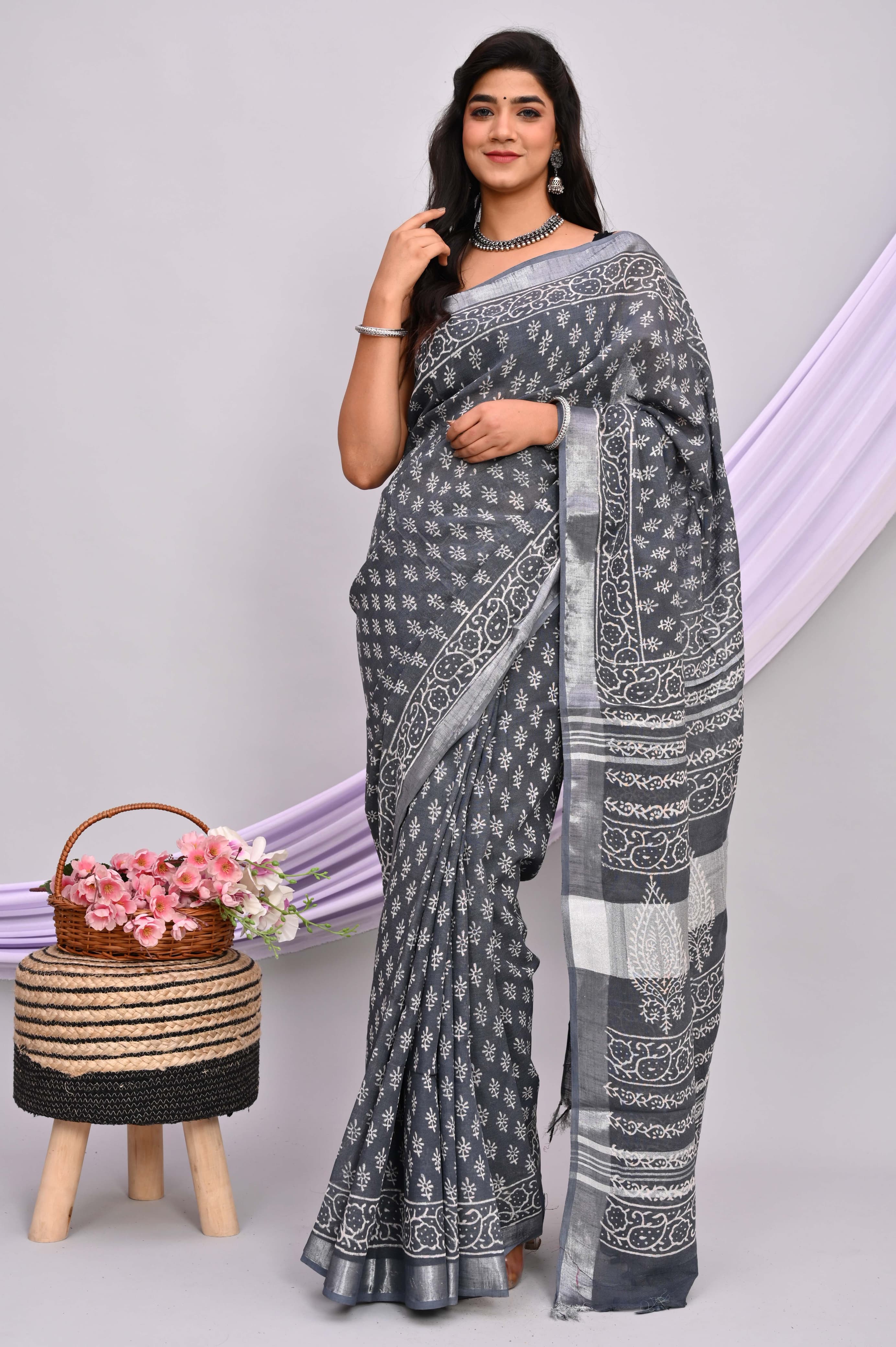 Bagru Hand Block Printed Saree In Linen Cotton With Blouse Piece - BFSGLC31