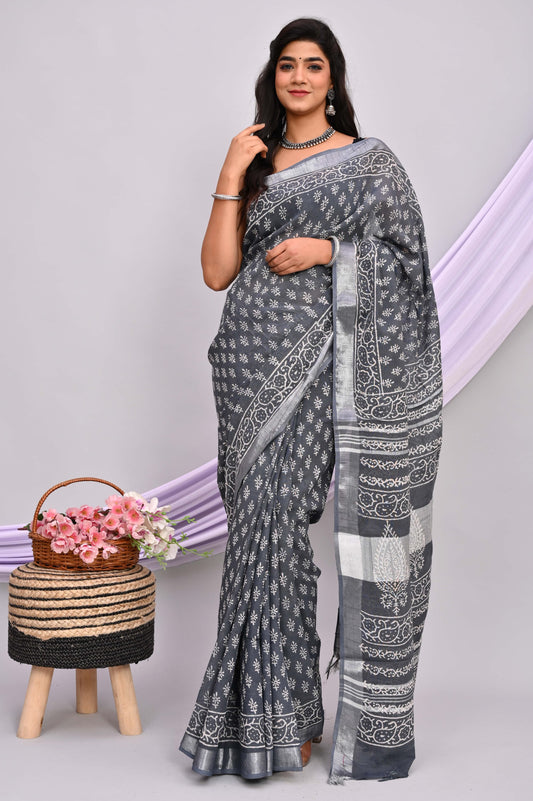Bagru Hand Block Printed Saree In Linen Cotton With Blouse Piece - BFSGLC31