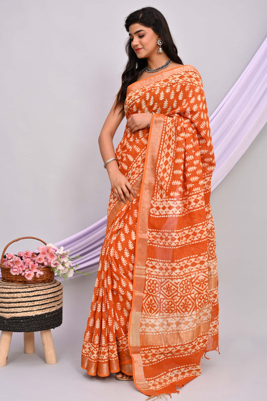 Bagru Hand Block Printed Saree In Linen Cotton With Blouse Piece - BFSGLC32