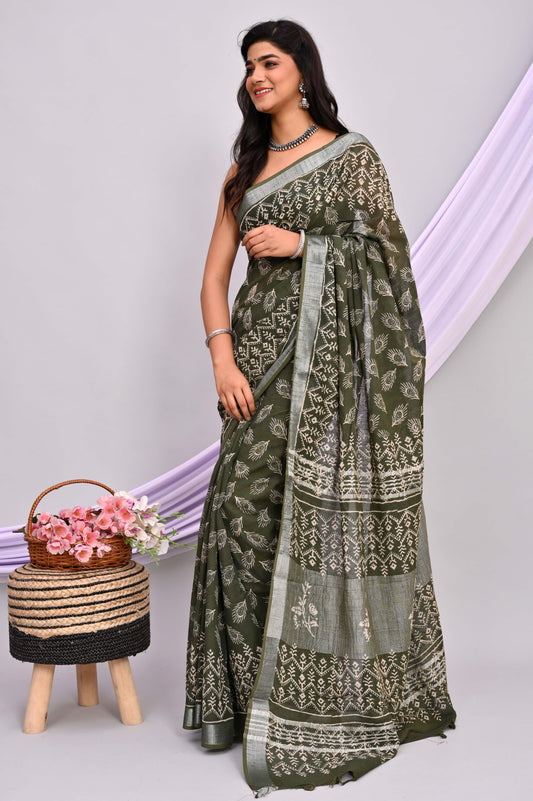 Bagru Hand Block Printed Saree In Linen Cotton With Blouse Piece - BFSGLC34