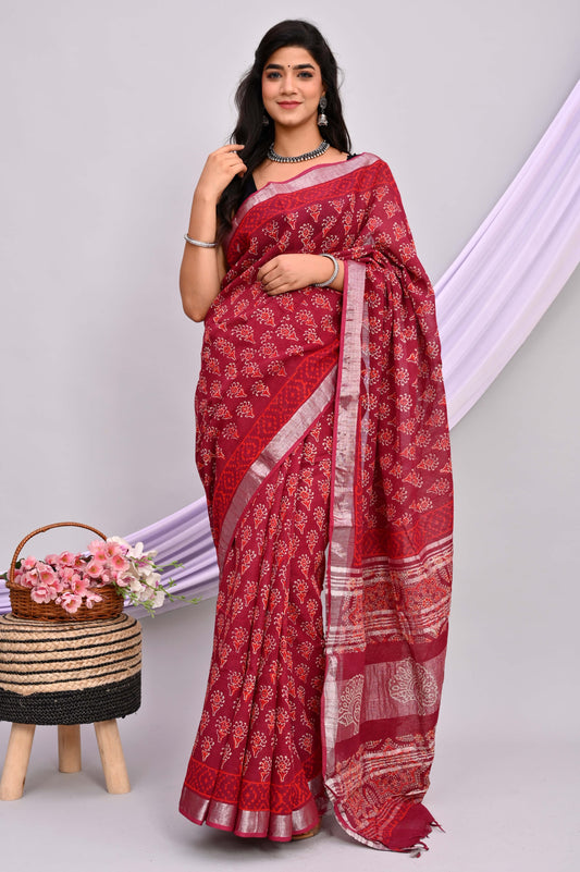 Bagru Hand Block Printed Saree In Linen Cotton With Blouse Piece - BFSGLC36
