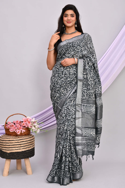 Bagru Hand Block Printed Saree In Linen Cotton With Blouse Piece - BFSGLC37