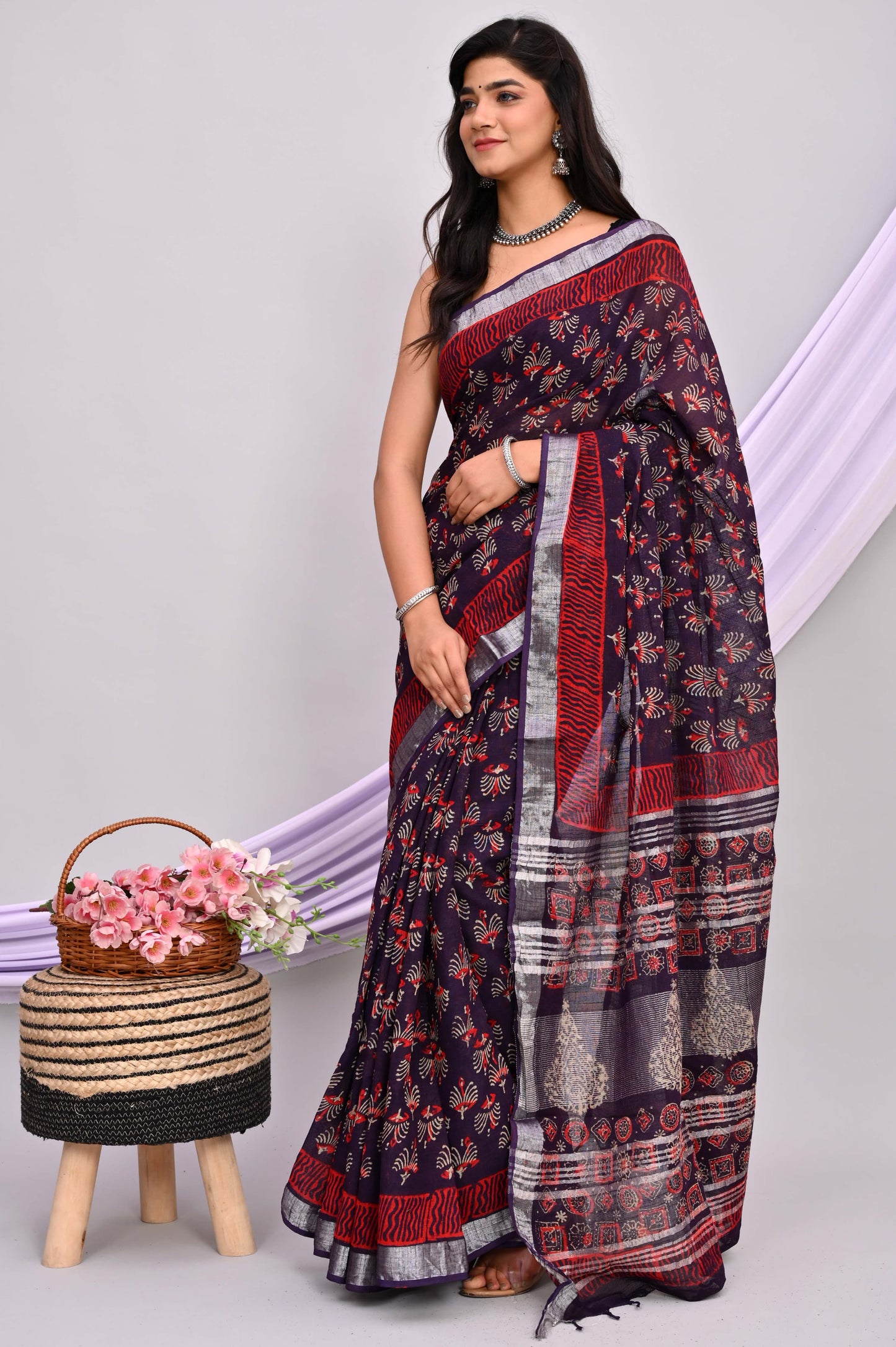 Bagru Hand Block Printed Saree In Linen Cotton With Blouse Piece - BFSGLC39