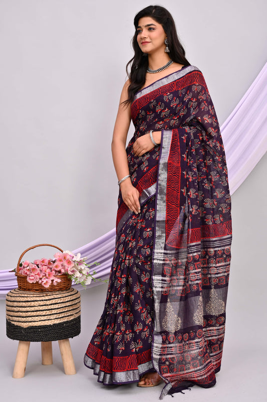 Bagru Hand Block Printed Saree In Linen Cotton With Blouse Piece - BFSGLC39