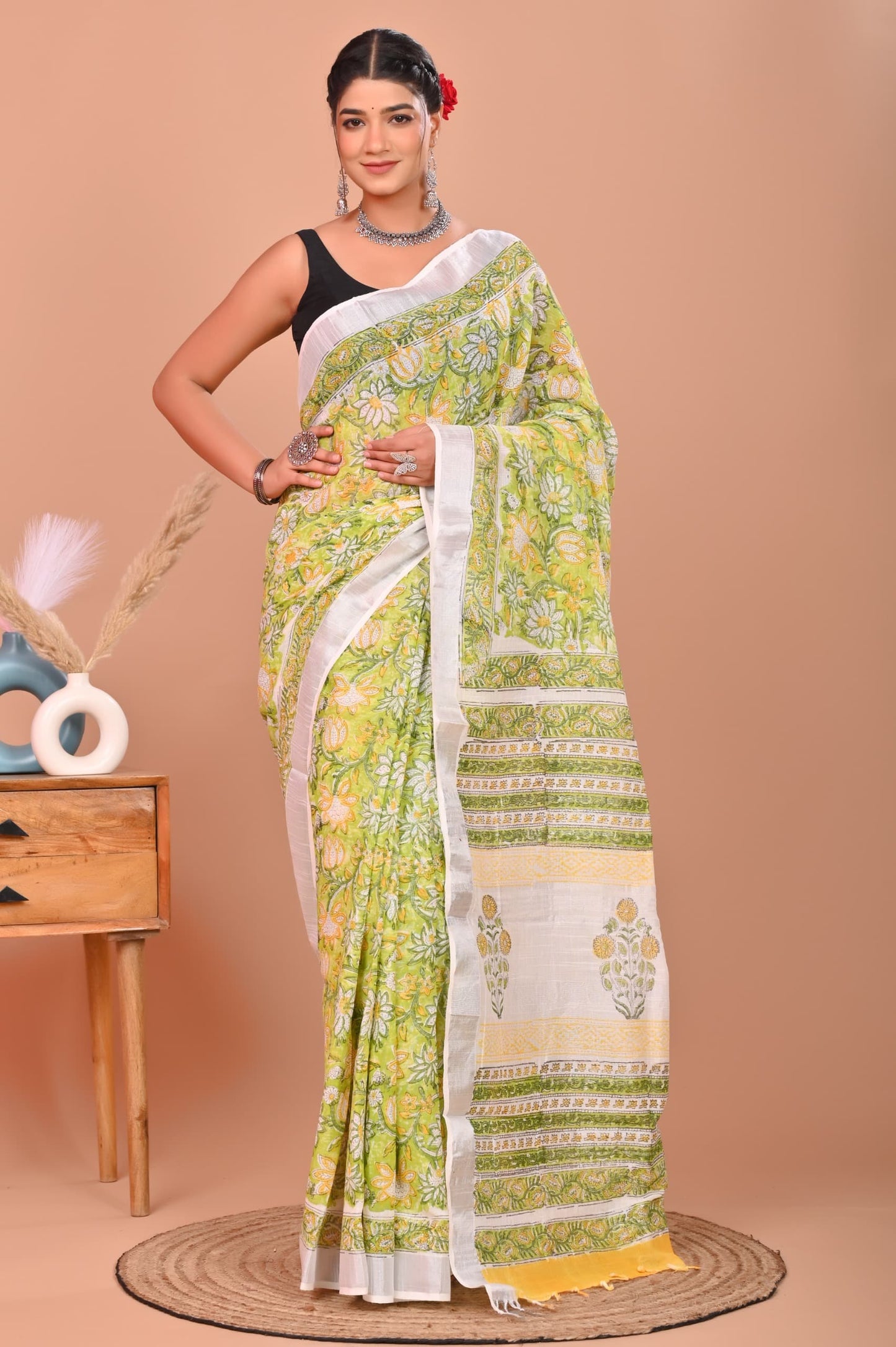Bagru Hand Block Printed Saree In Linen Cotton With Blouse Piece - BFSGLC3