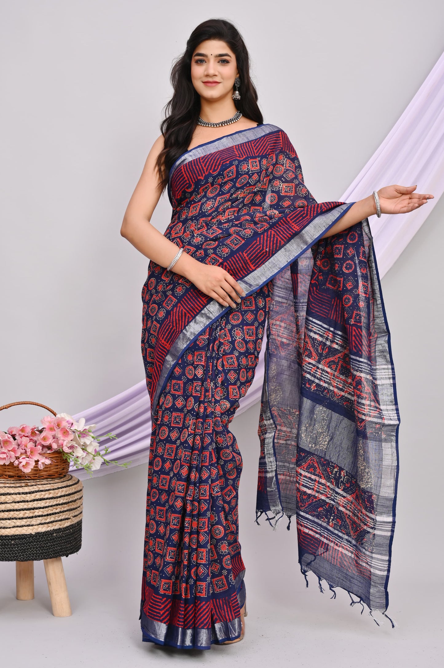 Bagru Hand Block Printed Saree In Linen Cotton With Blouse Piece - BFSGLC40