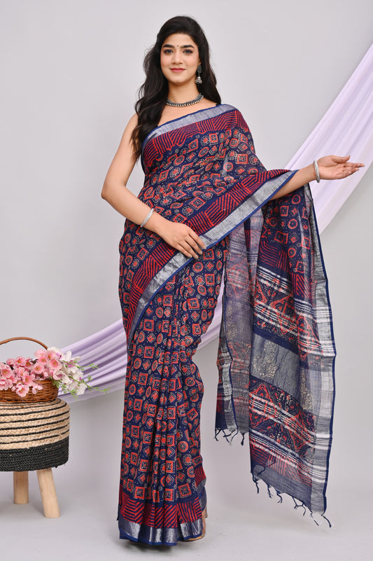 Bagru Hand Block Printed Saree In Linen Cotton With Blouse Piece - BFSGLC40
