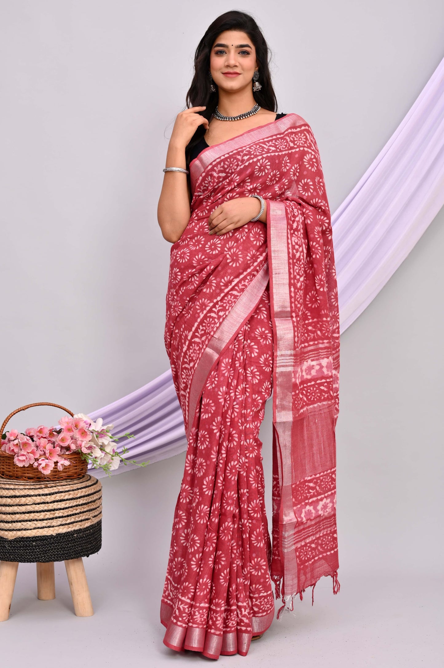 Bagru Hand Block Printed Saree In Linen Cotton With Blouse Piece - BFSGLC41