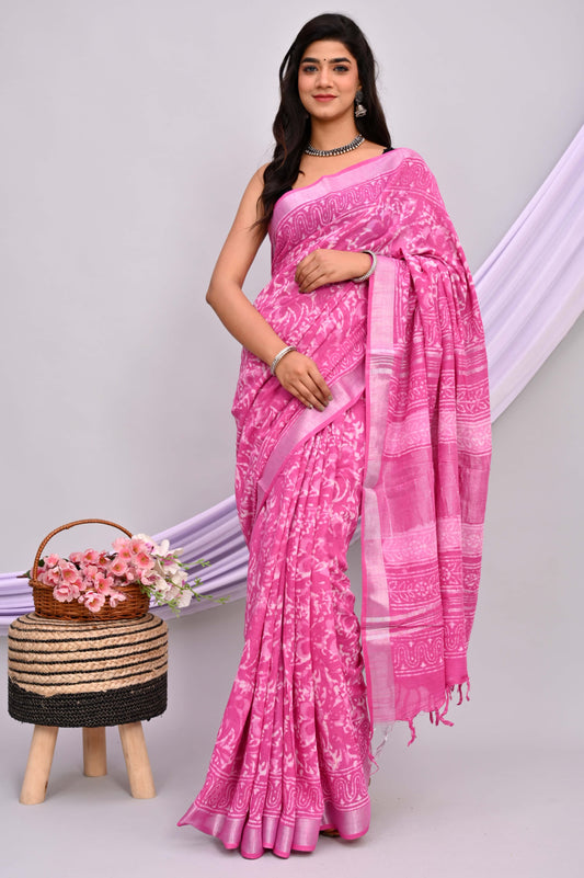 Bagru Hand Block Printed Saree In Linen Cotton With Blouse Piece - BFSGLC42