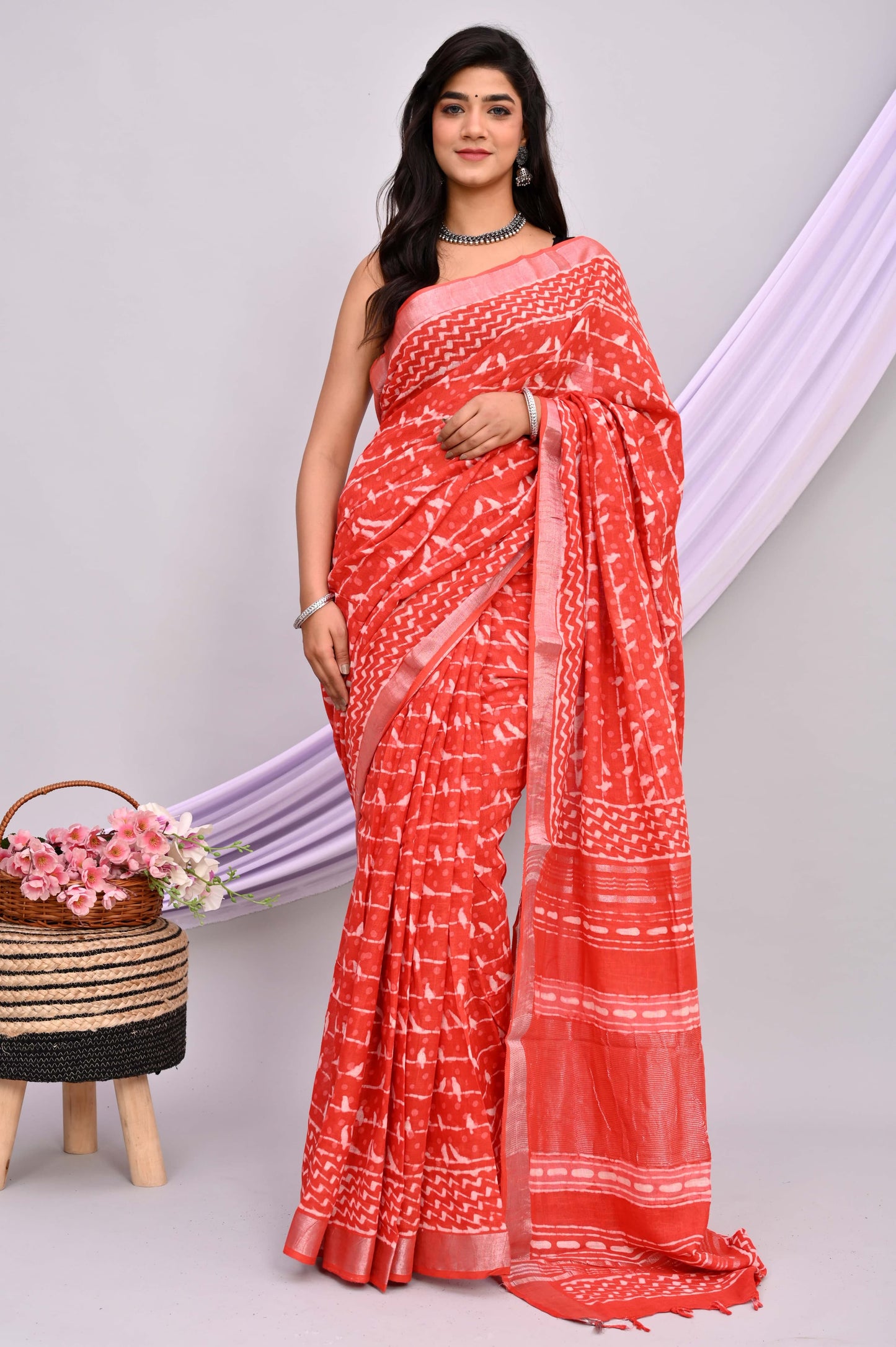 Bagru Hand Block Printed Saree In Linen Cotton With Blouse Piece - BFSGLC43