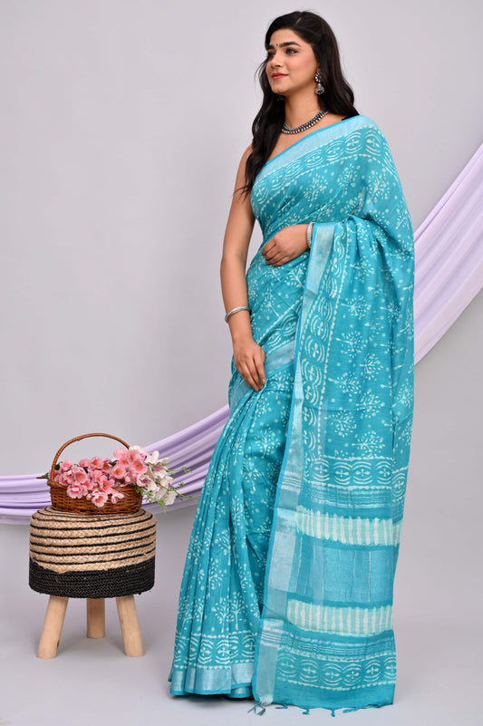 Bagru Hand Block Printed Saree In Linen Cotton With Blouse Piece - BFSGLC44