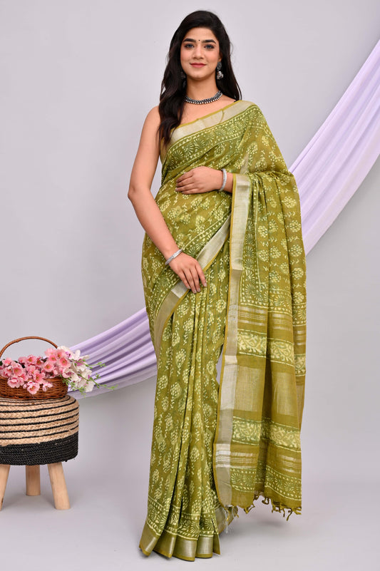 Bagru Hand Block Printed Saree In Linen Cotton With Blouse Piece - BFSGLC45