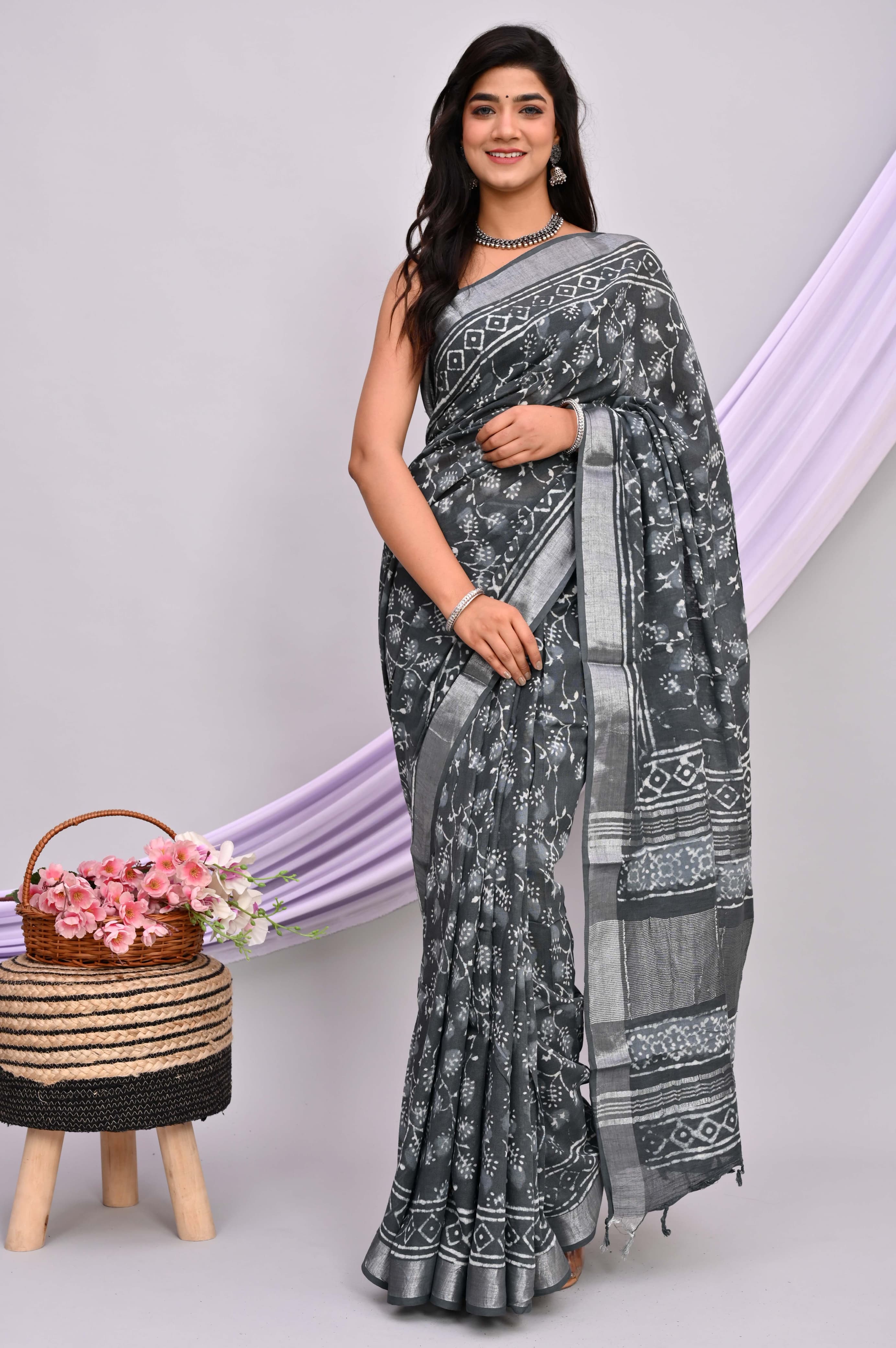 Bagru Hand Block Printed Saree In Linen Cotton With Blouse Piece - BFSGLC46