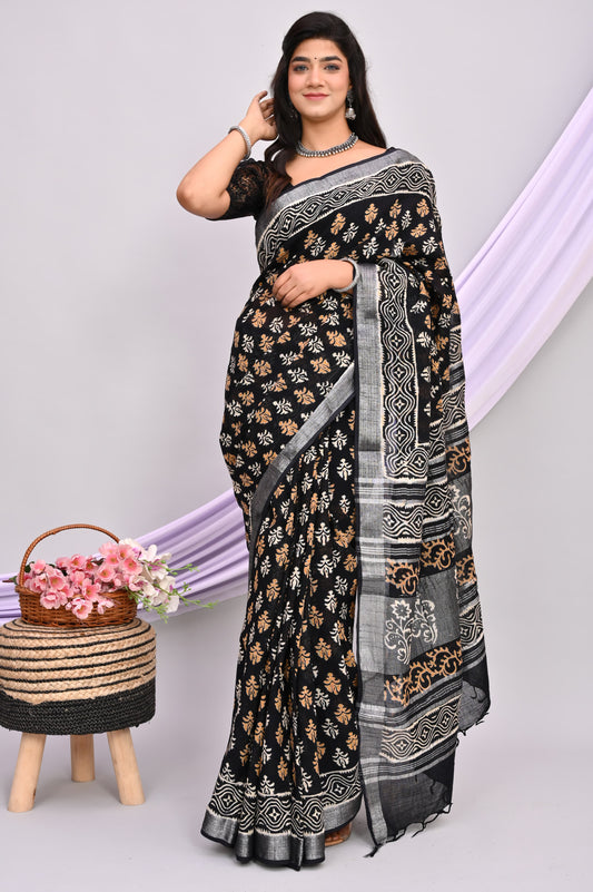 Bagru Hand Block Printed Saree In Linen Cotton With Blouse Piece - BFSGLC47