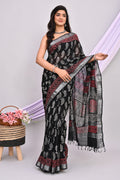 Black & Red Leaf Motif Bagru Hand Block Printed Linen Cotton Saree With Blouse Piece