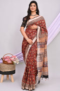 Rust Red & Off-White Floral Jaal Bagru Hand Block Printed Linen Cotton Saree With Blouse Piece