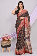 Maroon & Black Leaf Motif Bagru Hand Block Printed Linen Cotton Saree With Blouse Piece