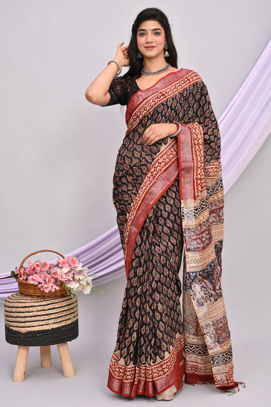 Bagru Hand Block Printed Saree In Linen Cotton With Blouse Piece - BFSGLC50
