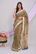 Bagru Hand Block Printed Saree In Linen Cotton With Blouse Piece - BFSGLC51