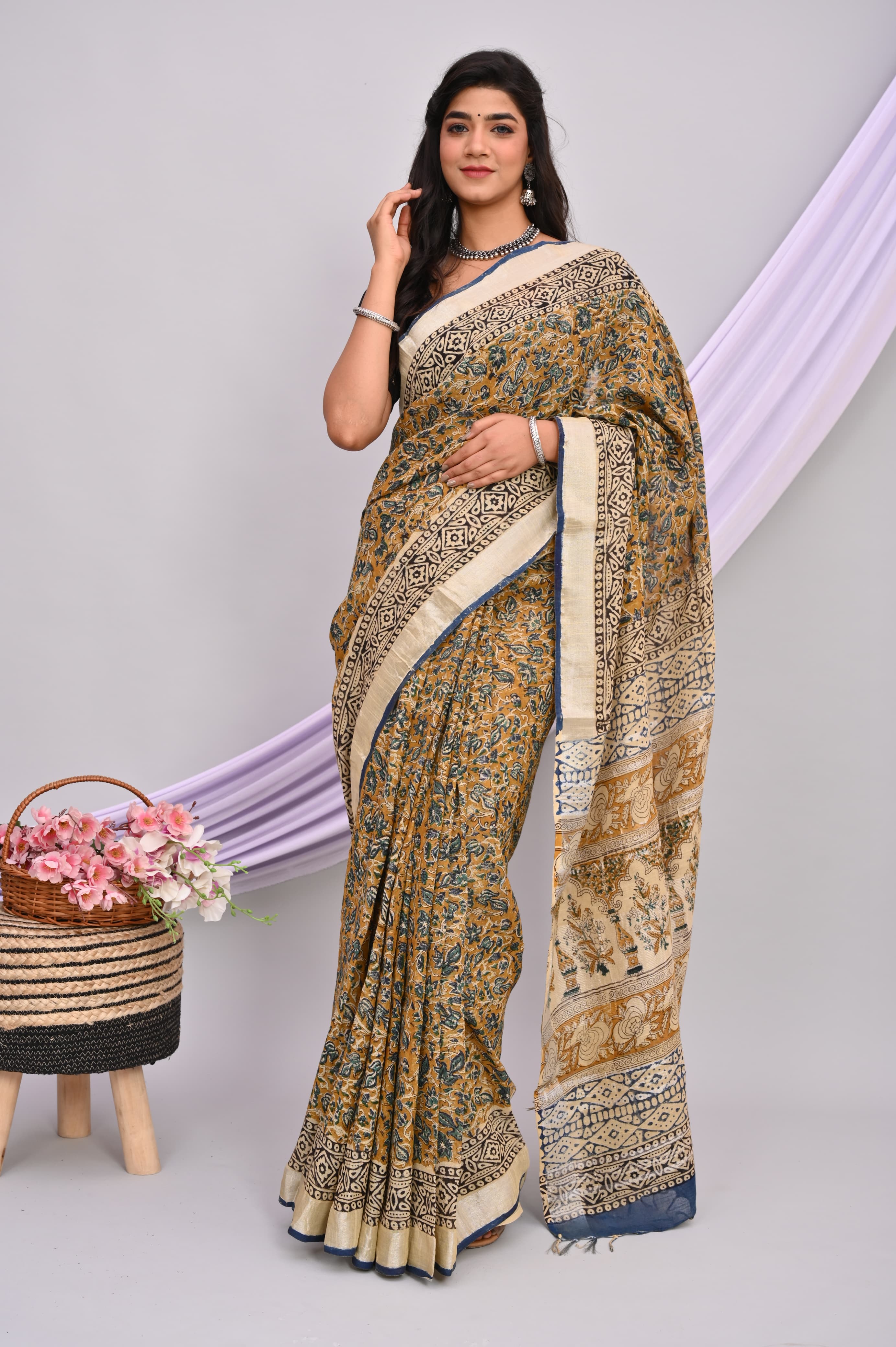 Bagru Hand Block Printed Saree In Linen Cotton With Blouse Piece - BFSGLC51