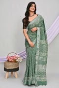 Olive Green & Off-White Floral Jaal Bagru Hand Block Printed Linen Cotton Saree With Blouse Piece