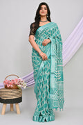 Teal Green & White Geometric Buti Bagru Hand Block Printed Linen Cotton Saree With Blouse Piece