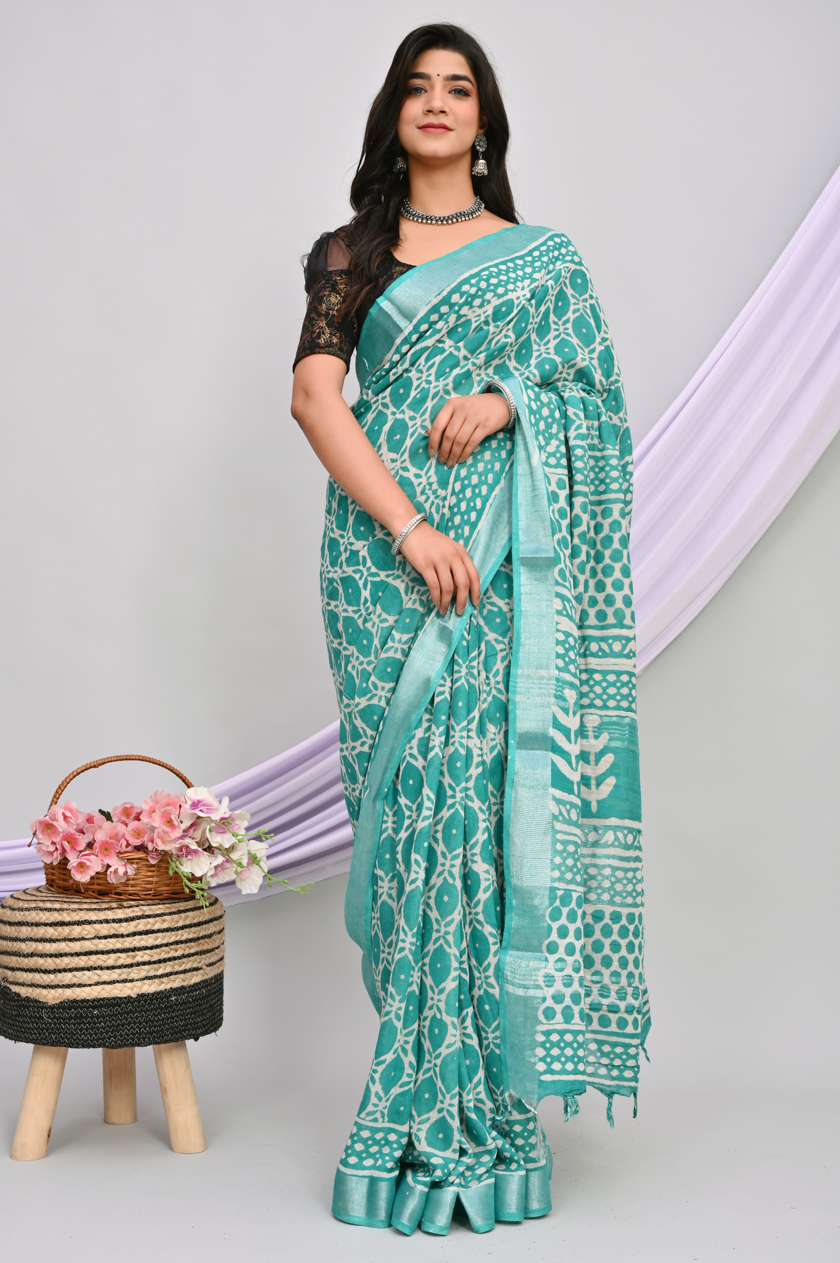 Bagru Hand Block Printed Saree In Linen Cotton With Blouse Piece - BFSGLC53