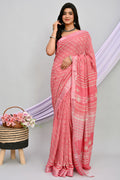 Pink & Off-White Geometric Chevron Bagru Hand Block Printed Linen Cotton Saree With Blouse Piece