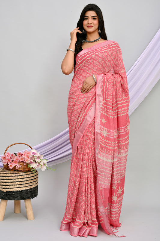Bagru Hand Block Printed Saree In Linen Cotton With Blouse Piece - BFSGLC54