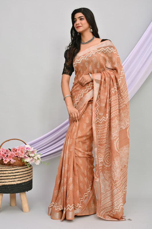 Bagru Hand Block Printed Saree In Linen Cotton With Blouse Piece - BFSGLC55