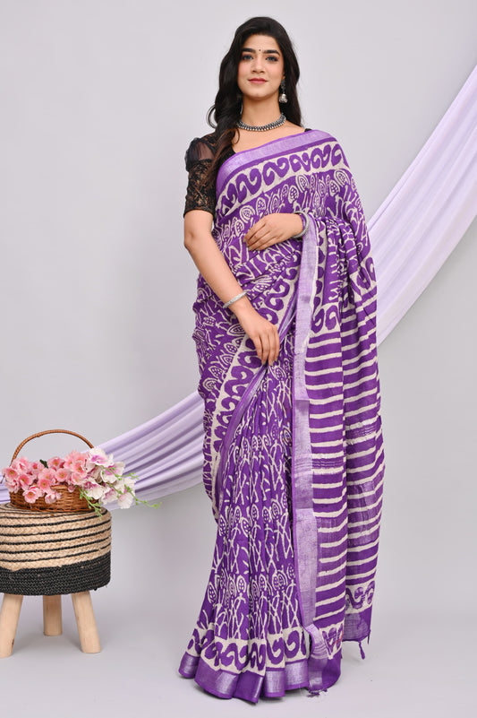 Bagru Hand Block Printed Saree In Linen Cotton With Blouse Piece - BFSGLC56