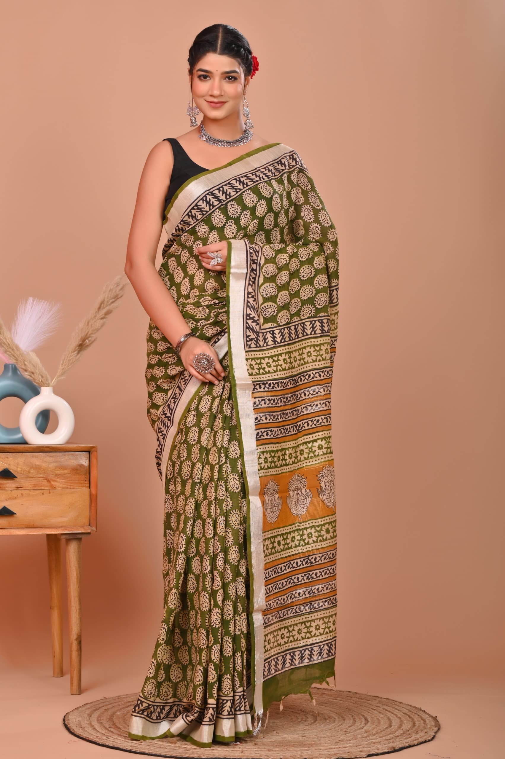Bagru Hand Block Printed Saree In Linen Cotton With Blouse Piece - BFSGLC6