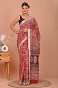 Red & Black Floral Jaal Bagru Hand Block Printed Linen Cotton Saree With Blouse Piece