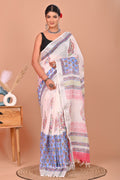 Bagru Hand Block Printed Saree In Linen Cotton With Blouse Piece - BFSGLC8