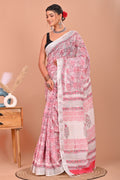 Pink & White Floral Jaal Bagru Hand Block Printed Linen Cotton Saree With Blouse Piece