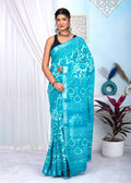 Sky Blue & White Floral Jaal Bagru Hand Block Linen Cotton Saree With Blouse Piece
