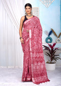 Maroon & Off-White Paisley Motifs Bagru Hand Block Linen Cotton Saree With Blouse Piece