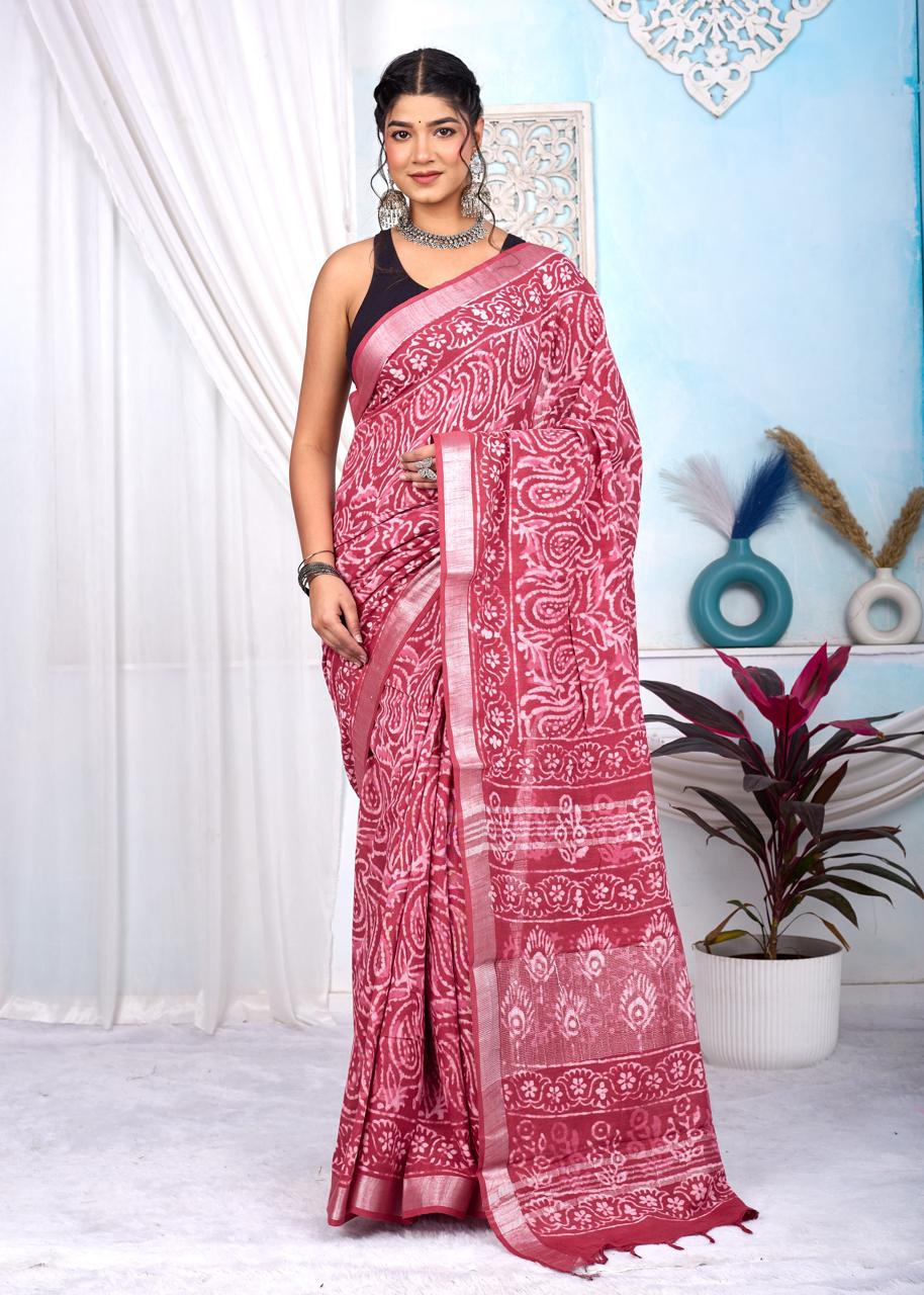 Linen Cotton Bagru Hand Block Saree With Blouse Piece - BFSGLCA11