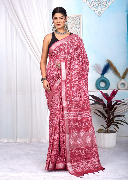 Linen Cotton Bagru Hand Block Saree With Blouse Piece - BFSGLCA11