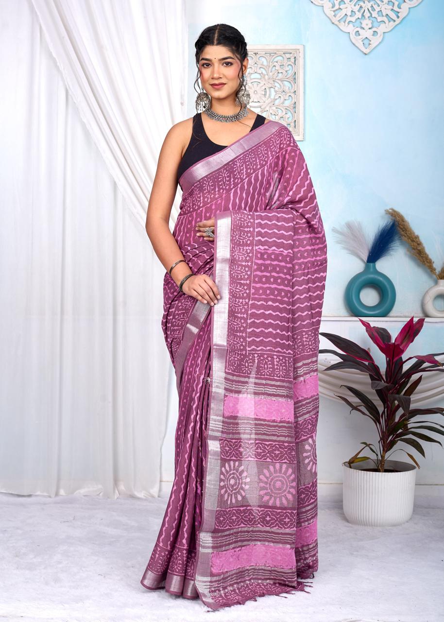 Linen Cotton Bagru Hand Block Saree With Blouse Piece - BFSGLCA12