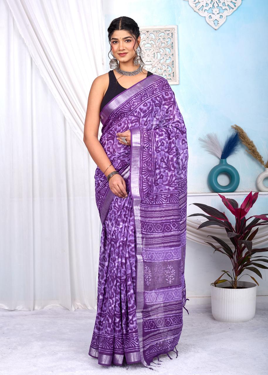 Linen Cotton Bagru Hand Block Saree With Blouse Piece - BFSGLCA13