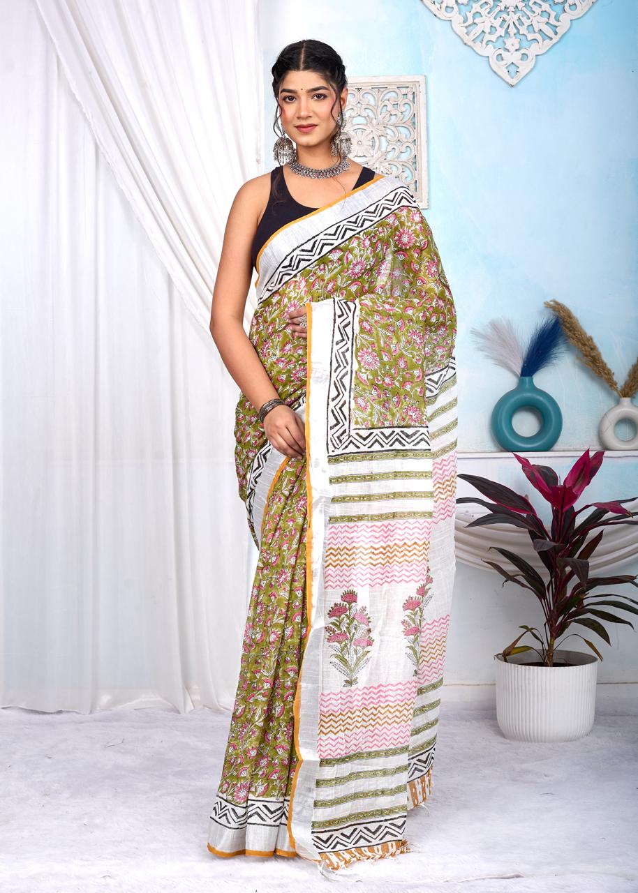 Linen Cotton Bagru Hand Block Saree With Blouse Piece - BFSGLCA14
