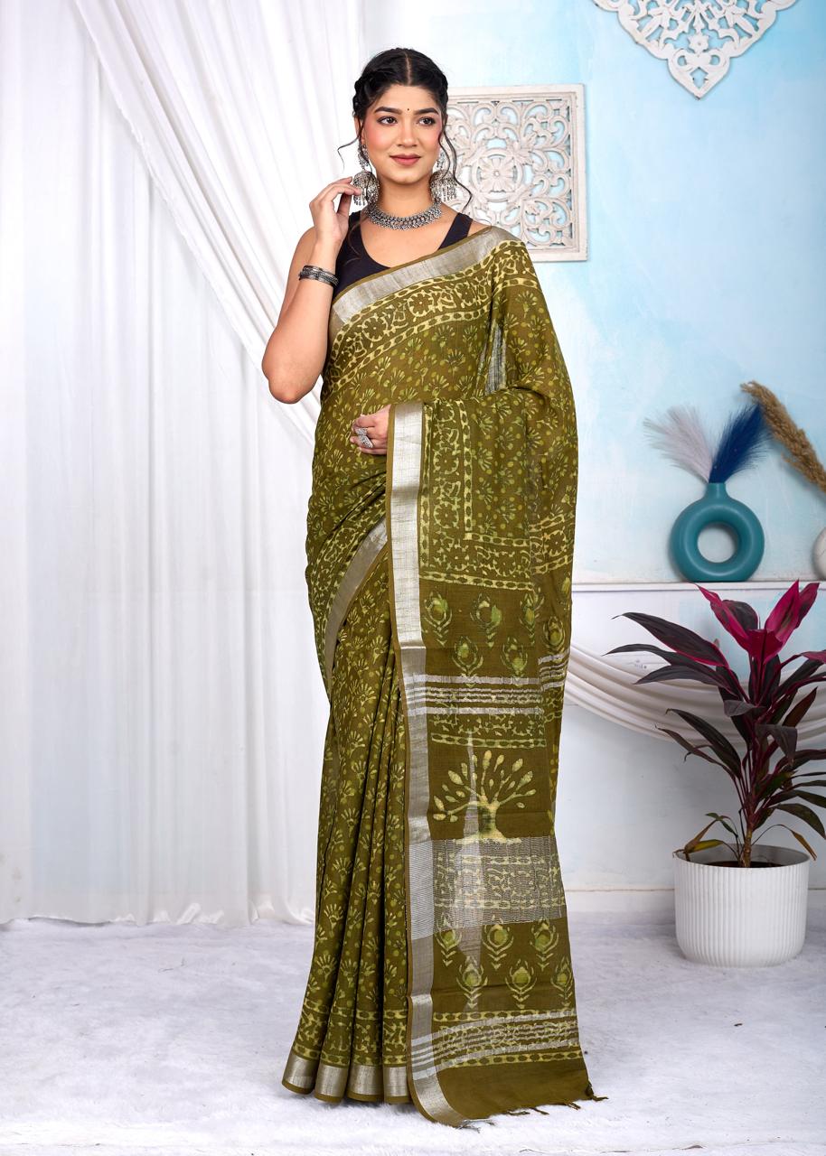 Linen Cotton Bagru Hand Block Saree With Blouse Piece - BFSGLCA15