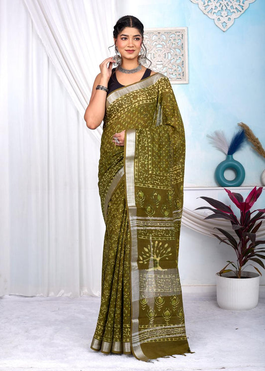 Linen Cotton Bagru Hand Block Saree With Blouse Piece - BFSGLCA15