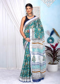 Teal Green & White Floral Jaal Bagru Hand Block Linen Cotton Saree With Blouse Piece