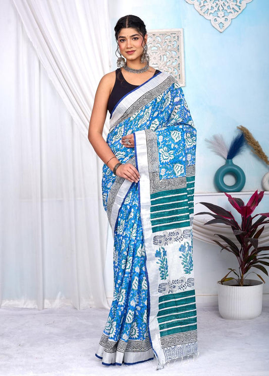 Linen Cotton Bagru Hand Block Saree With Blouse Piece - BFSGLCA17
