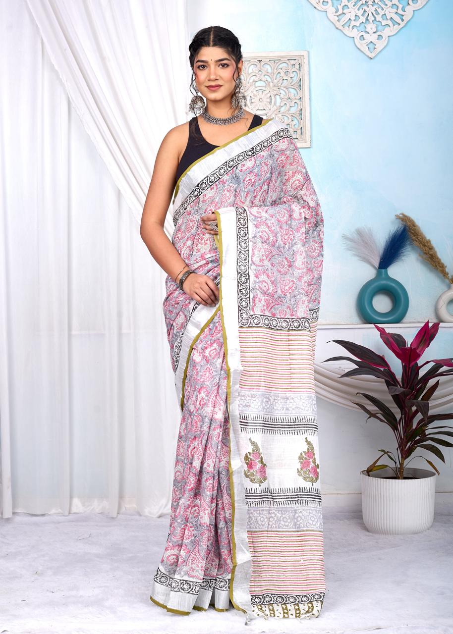 Linen Cotton Bagru Hand Block Saree With Blouse Piece - BFSGLCA18