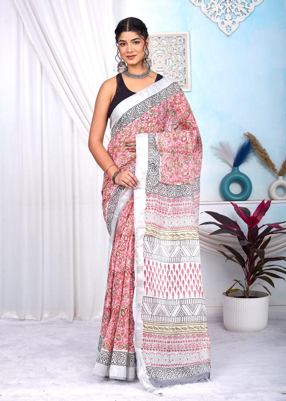 Linen Cotton Bagru Hand Block Saree With Blouse Piece - BFSGLCA19