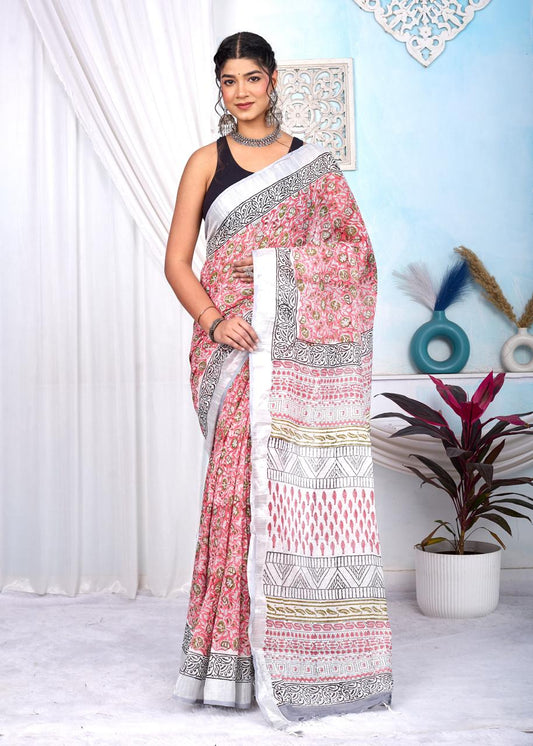 Linen Cotton Bagru Hand Block Saree With Blouse Piece - BFSGLCA19