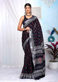 Black & White Floral Buti Bagru Linen Cotton Hand Block Saree With Blouse Piece